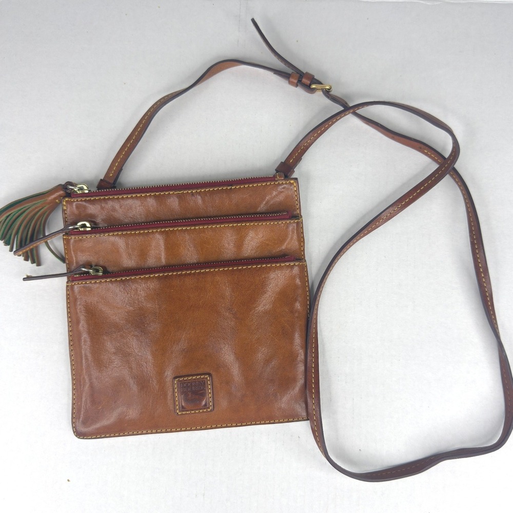 Dooney & Bourke Florentine Leather Triple Zip Crossbody Bag Tan Tassel Messenger